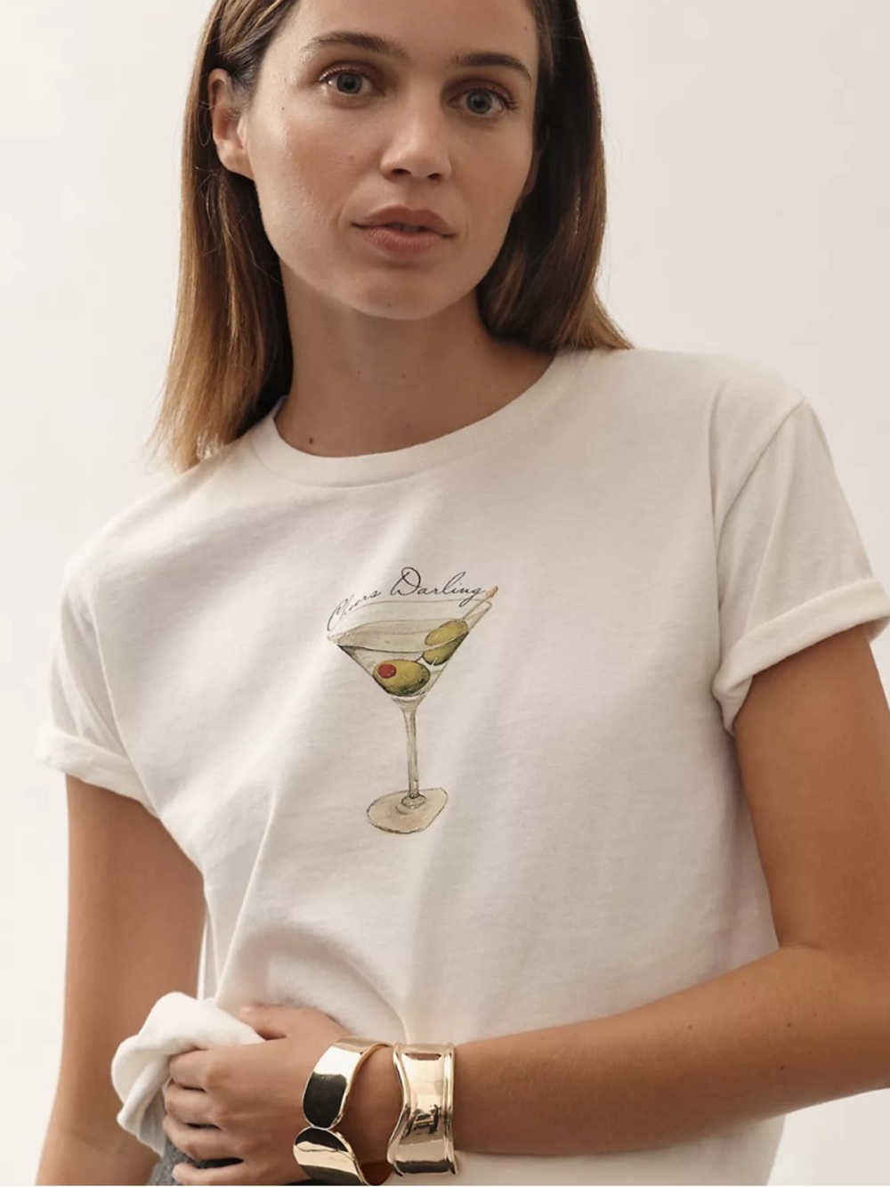 Anthropologie Cream Short-Sleeve Tee with Martini Graphic